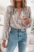 Women's Long Sleeve V-Neck Sequin Blouse 1