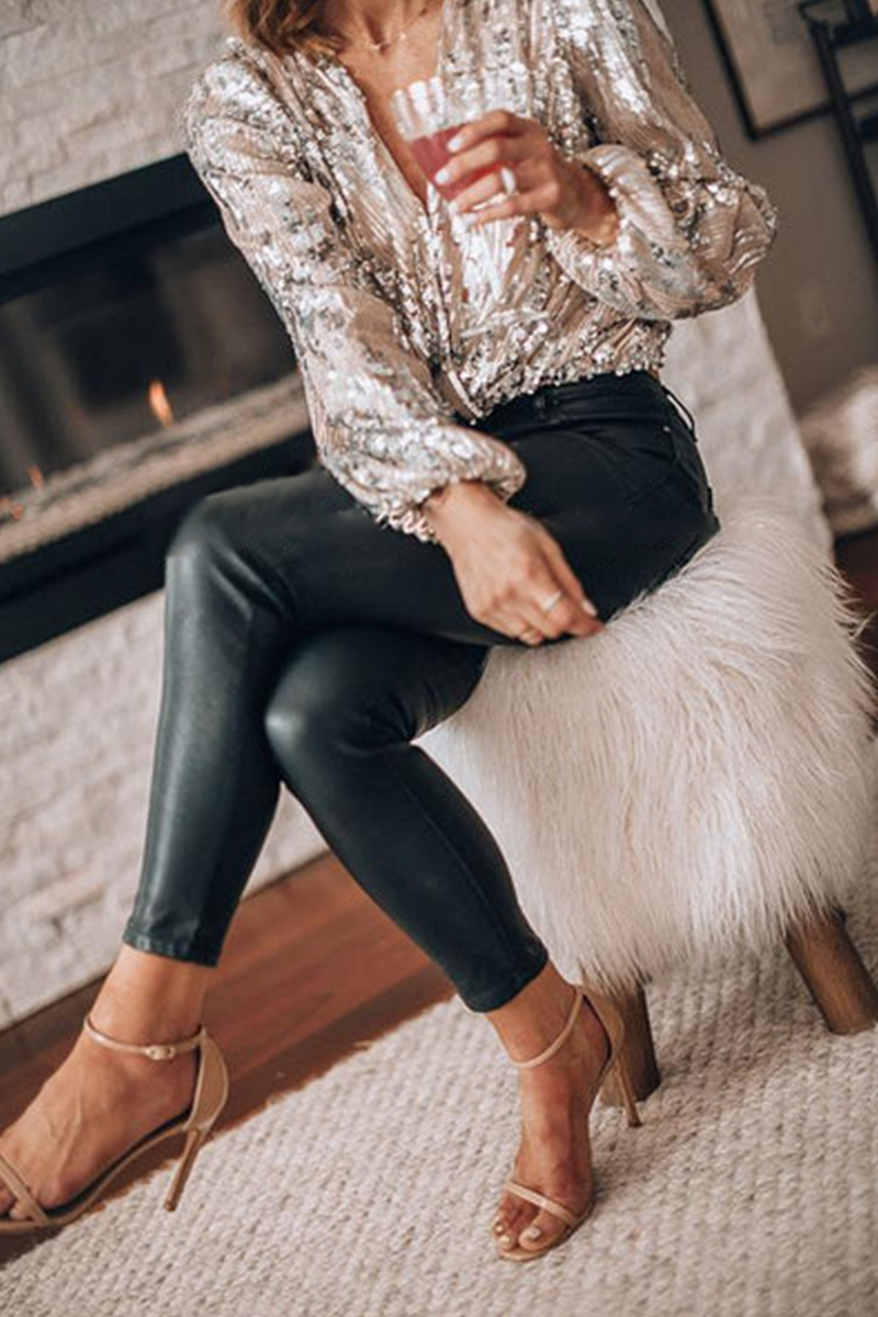 Women's Long Sleeve V-Neck Sequin Blouse 5