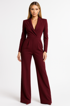 Women's Long Sleeve V-Neck Wide Leg Jumpsuit with Blazer Style Bodice 2