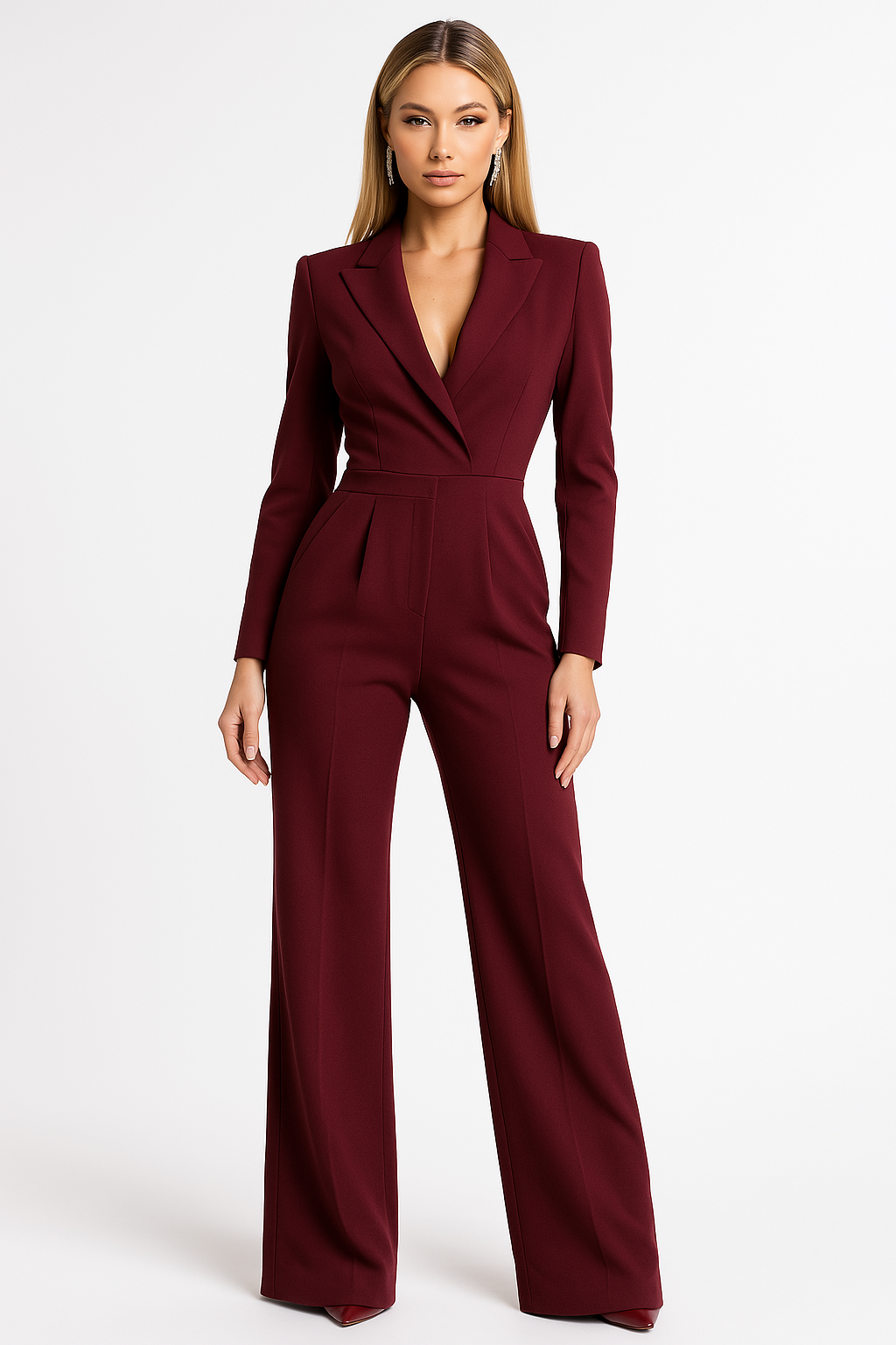 Women's Long Sleeve V-Neck Wide Leg Jumpsuit with Blazer Style Bodice 2