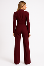Women's Long Sleeve V-Neck Wide Leg Jumpsuit with Blazer Style Bodice 3