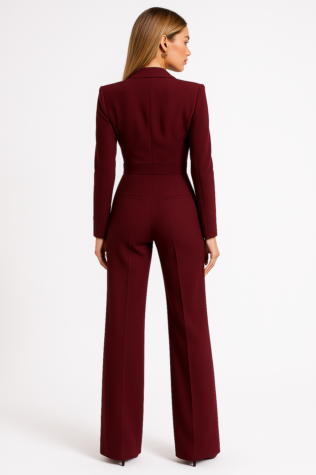 Women's Long Sleeve V-Neck Wide Leg Jumpsuit with Blazer Style Bodice 3