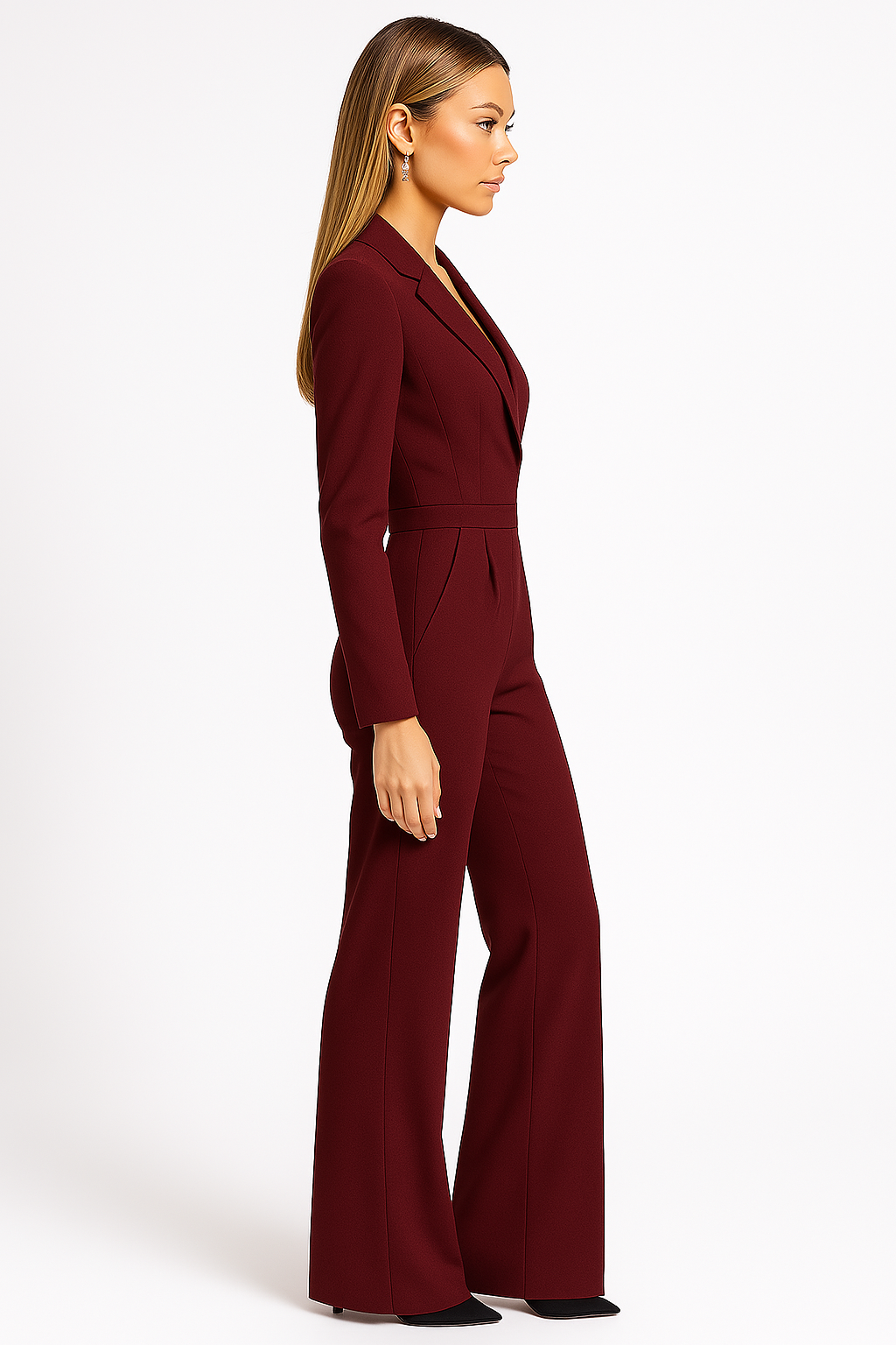 Women's Long Sleeve V-Neck Wide Leg Jumpsuit with Blazer Style Bodice 4