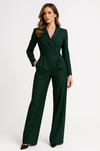 Women's Long Sleeve V-Neck Wide Leg Jumpsuit with Blazer Style Bodice 6