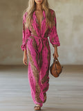 Women's Long Sleeve V-Neck Wide Leg Leopard Print Jumpsuit 1