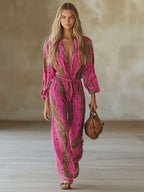 Women's Long Sleeve V-Neck Wide Leg Leopard Print Jumpsuit 2