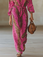 Women's Long Sleeve V-Neck Wide Leg Leopard Print Jumpsuit 4