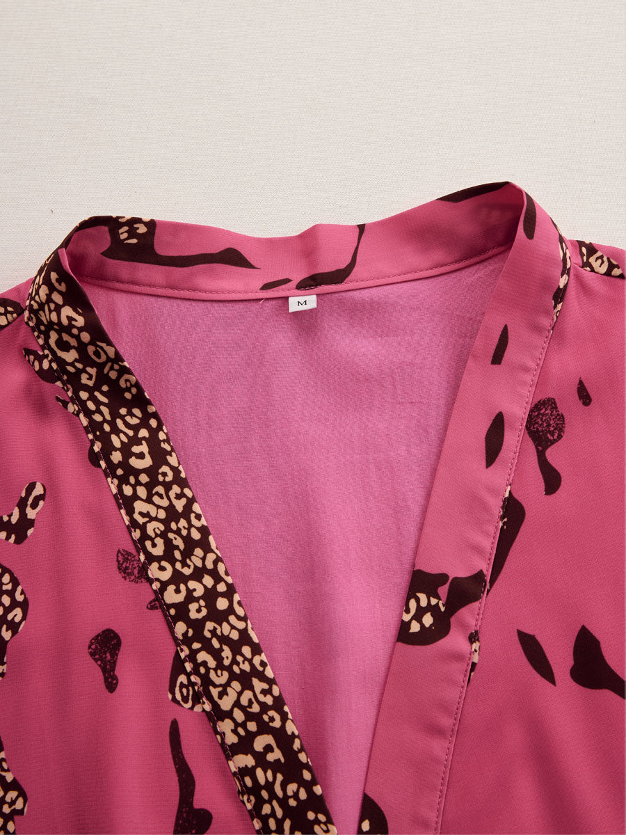 Women's Long Sleeve V-Neck Wide Leg Leopard Print Jumpsuit 5