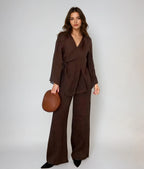 Women's Long Sleeve Wrap Top and Elastic Waist Trouser Set 1