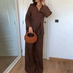 Women's Long Sleeve Wrap Top and Elastic Waist Trouser Set 2