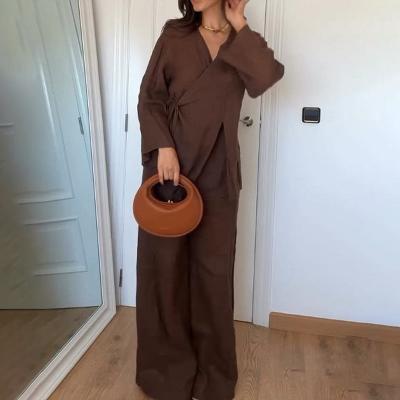 Women's Long Sleeve Wrap Top and Elastic Waist Trouser Set 2
