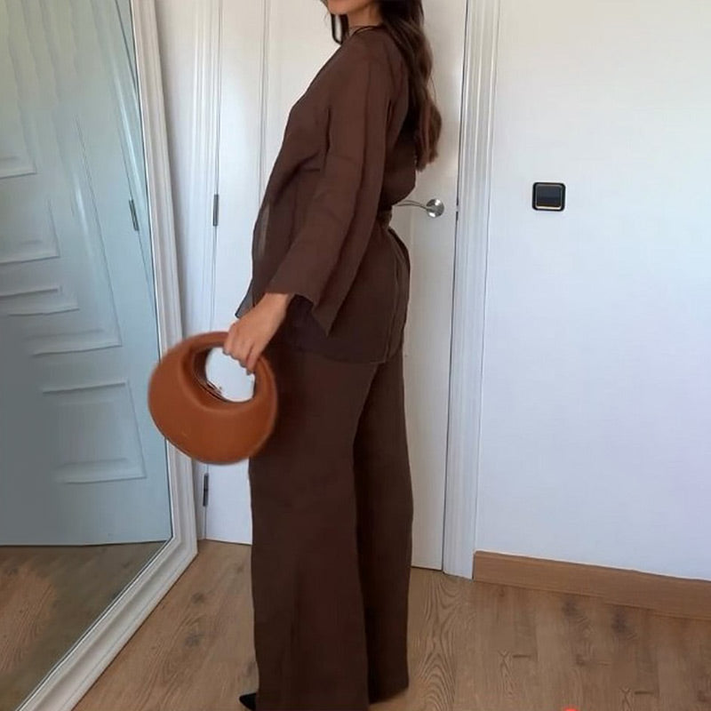 Women's Long Sleeve Wrap Top and Elastic Waist Trouser Set 4