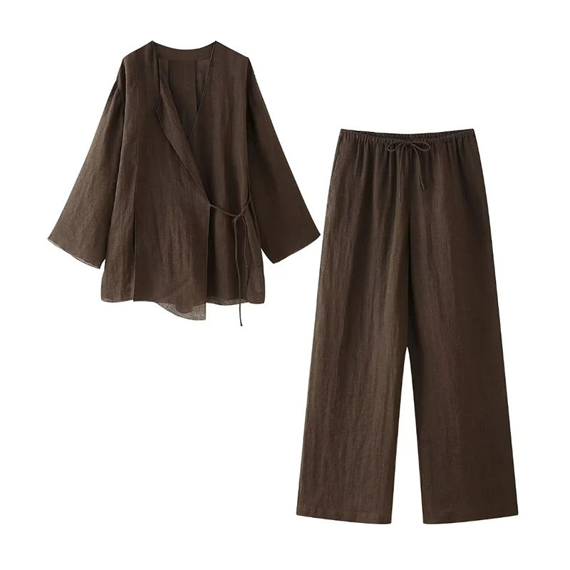 Women's Long Sleeve Wrap Top and Elastic Waist Trouser Set 5