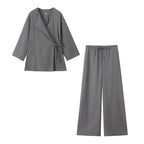 Women's Long Sleeve Wrap Top and Elastic Waist Trouser Set 6