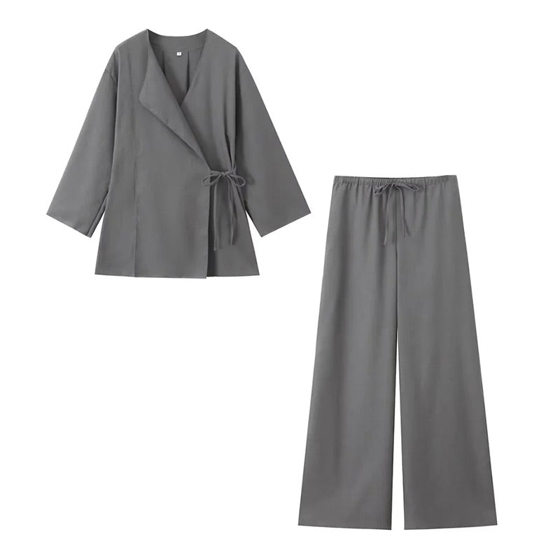 Women's Long Sleeve Wrap Top and Elastic Waist Trouser Set 6