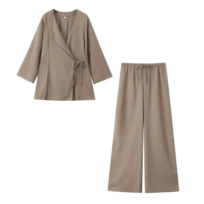 Women's Long Sleeve Wrap Top and Elastic Waist Trouser Set 7