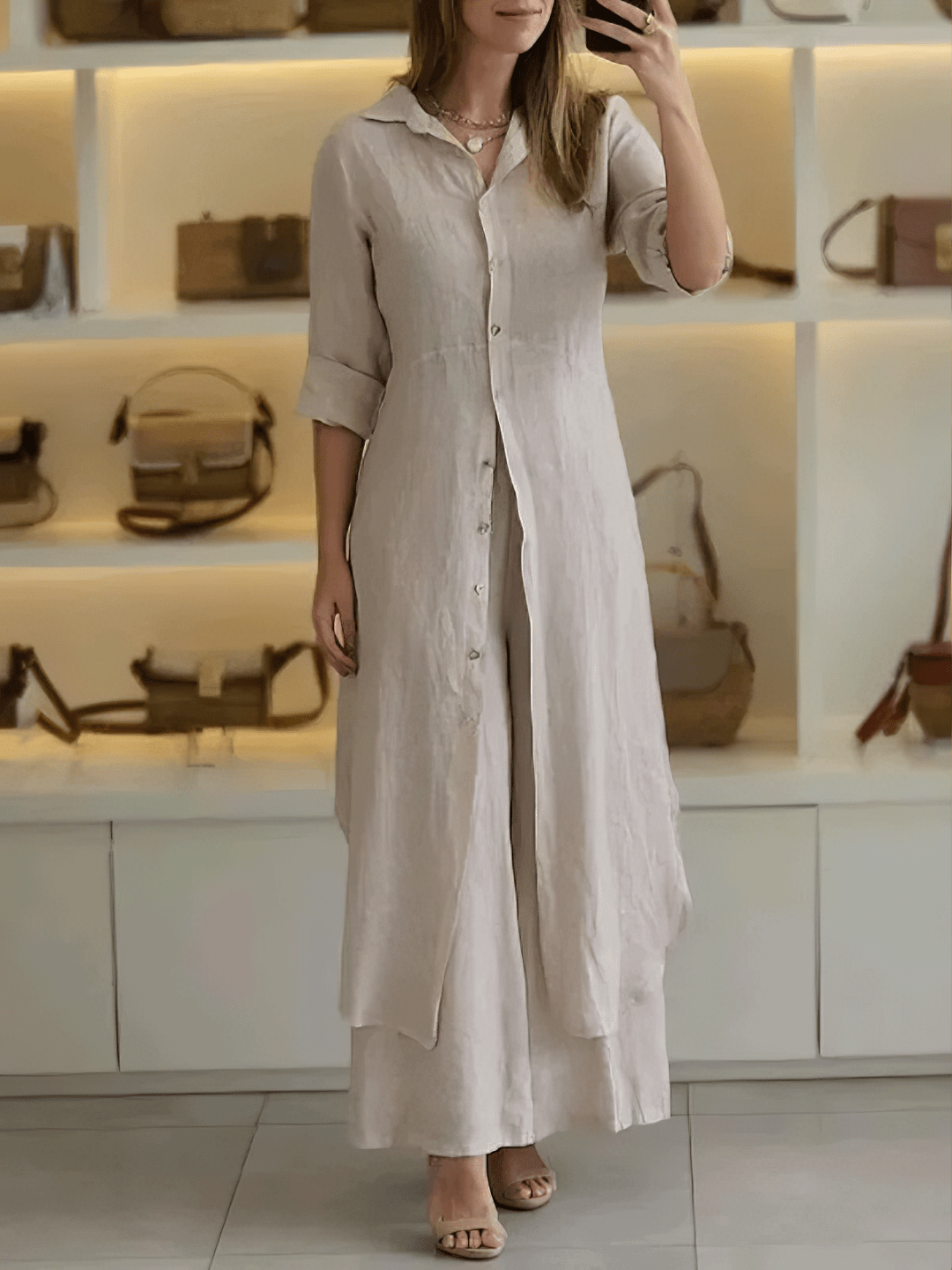 Women's Longline Button-Down Two-Piece Set with Maxi Drape 1