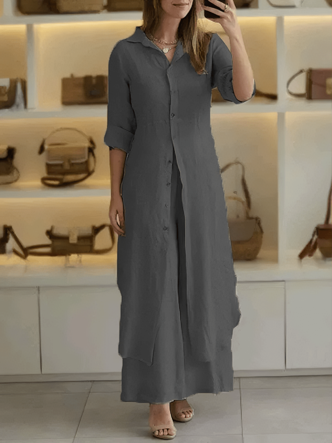 Women's Longline Button-Down Two-Piece Set with Maxi Drape 2