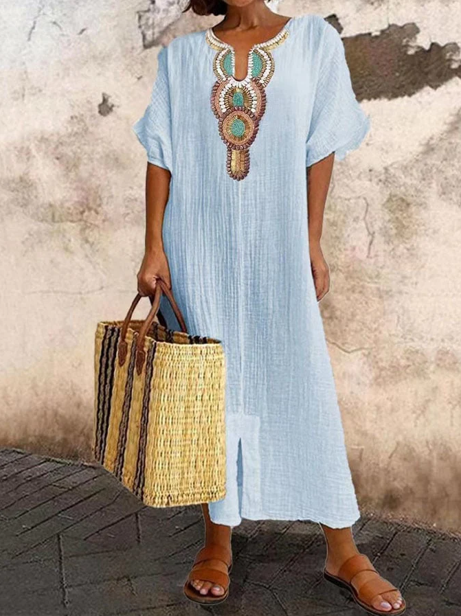 Women's Loose Fit Caftan Dress with Ethnic Print Detail 4