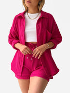 Women's Loose Overshirt and Shorts Two-Piece Set with Tie Waist 1