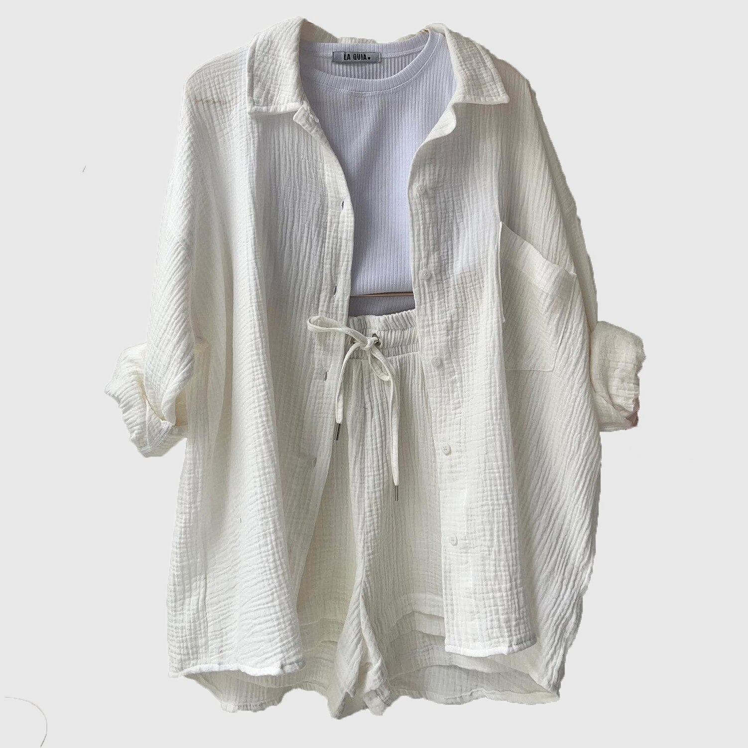 Women's Loose Overshirt and Shorts Two-Piece Set with Tie Waist 10