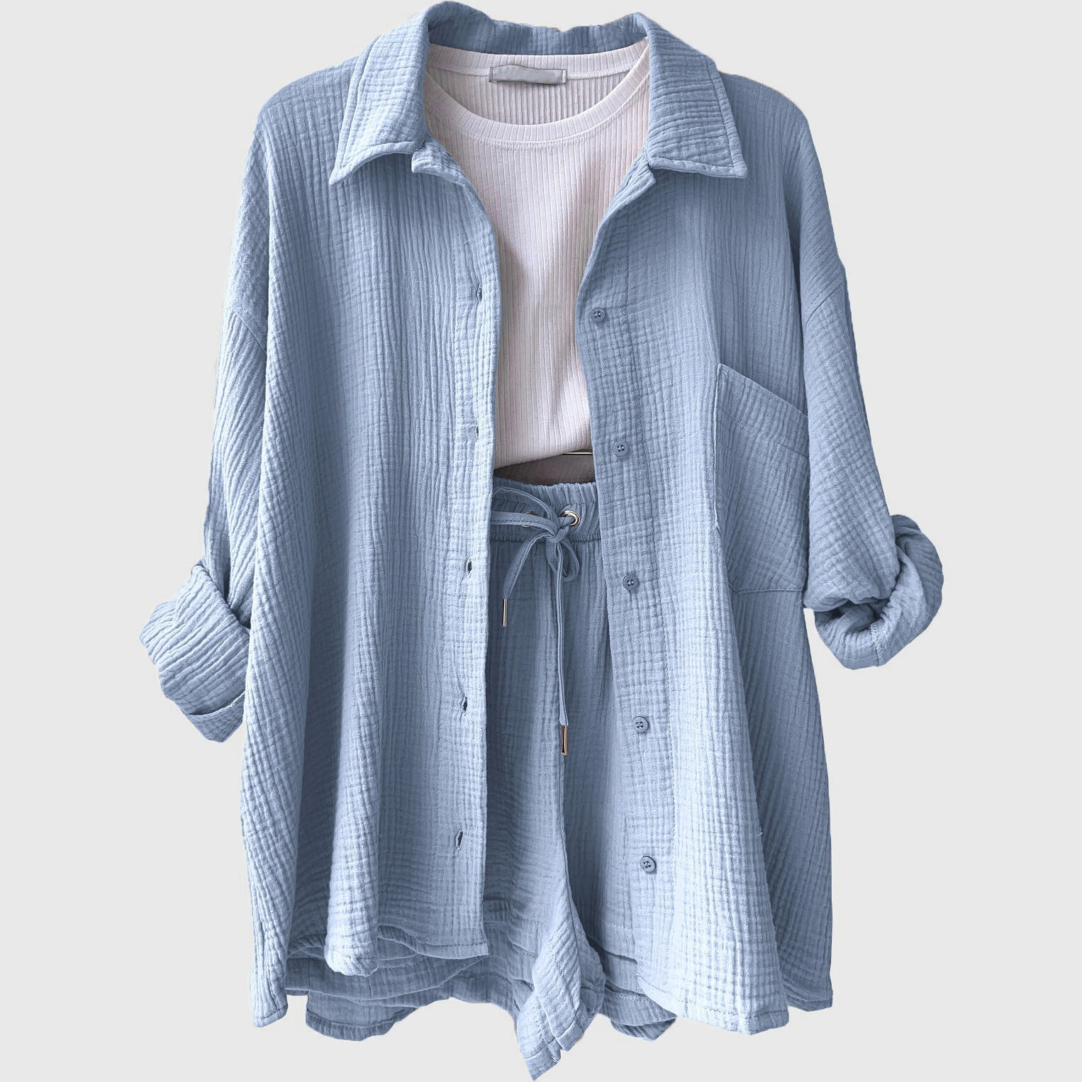 Women's Loose Overshirt and Shorts Two-Piece Set with Tie Waist 12