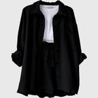 Women's Loose Overshirt and Shorts Two-Piece Set with Tie Waist 13
