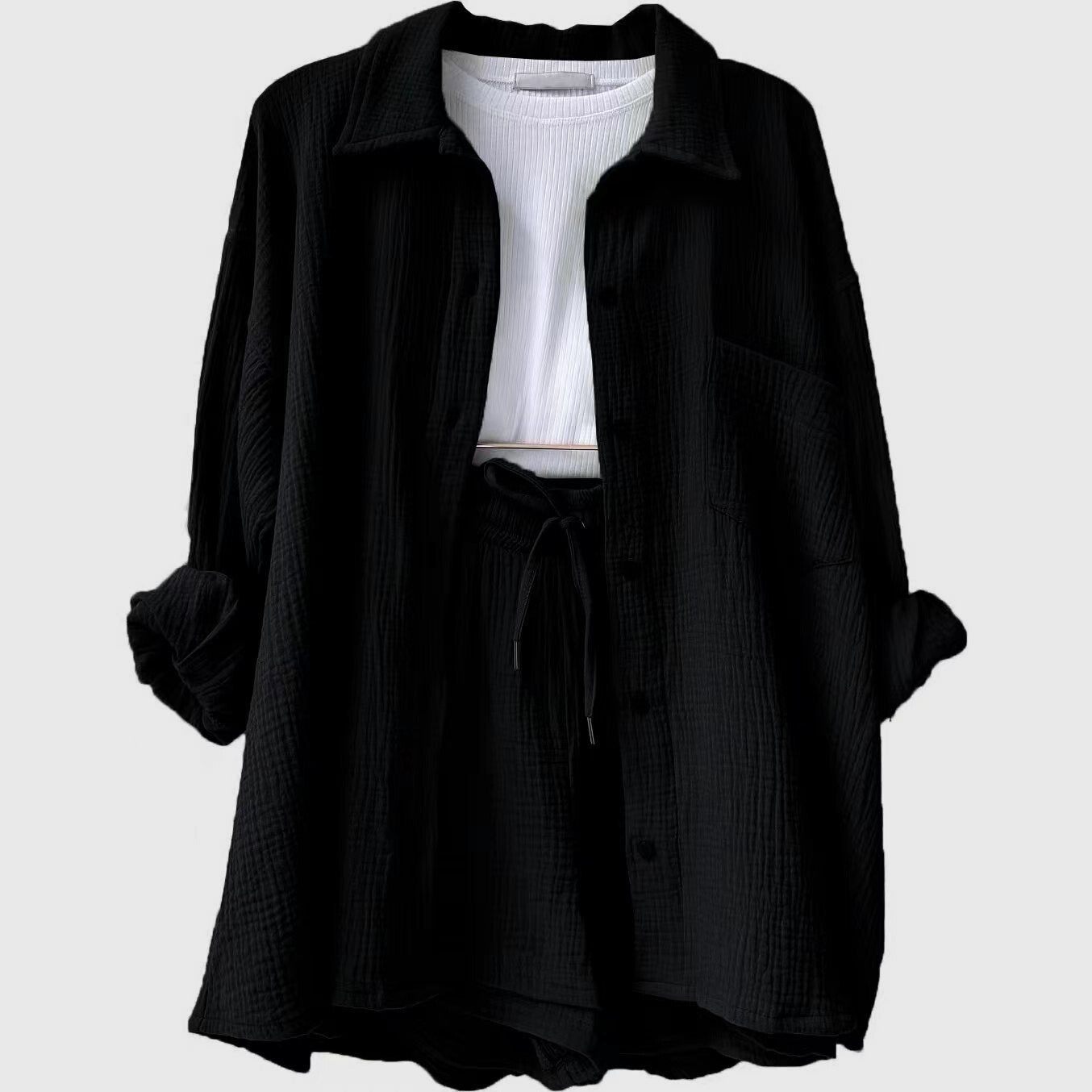 Women's Loose Overshirt and Shorts Two-Piece Set with Tie Waist 13