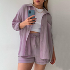 Women's Loose Overshirt and Shorts Two-Piece Set with Tie Waist 2