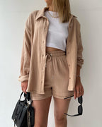 Women's Loose Overshirt and Shorts Two-Piece Set with Tie Waist 3