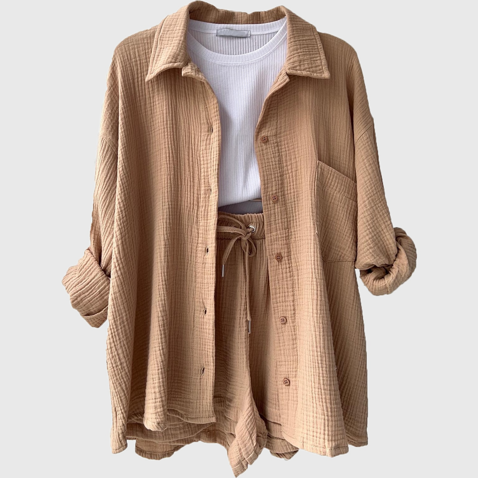 Women's Loose Overshirt and Shorts Two-Piece Set with Tie Waist 6