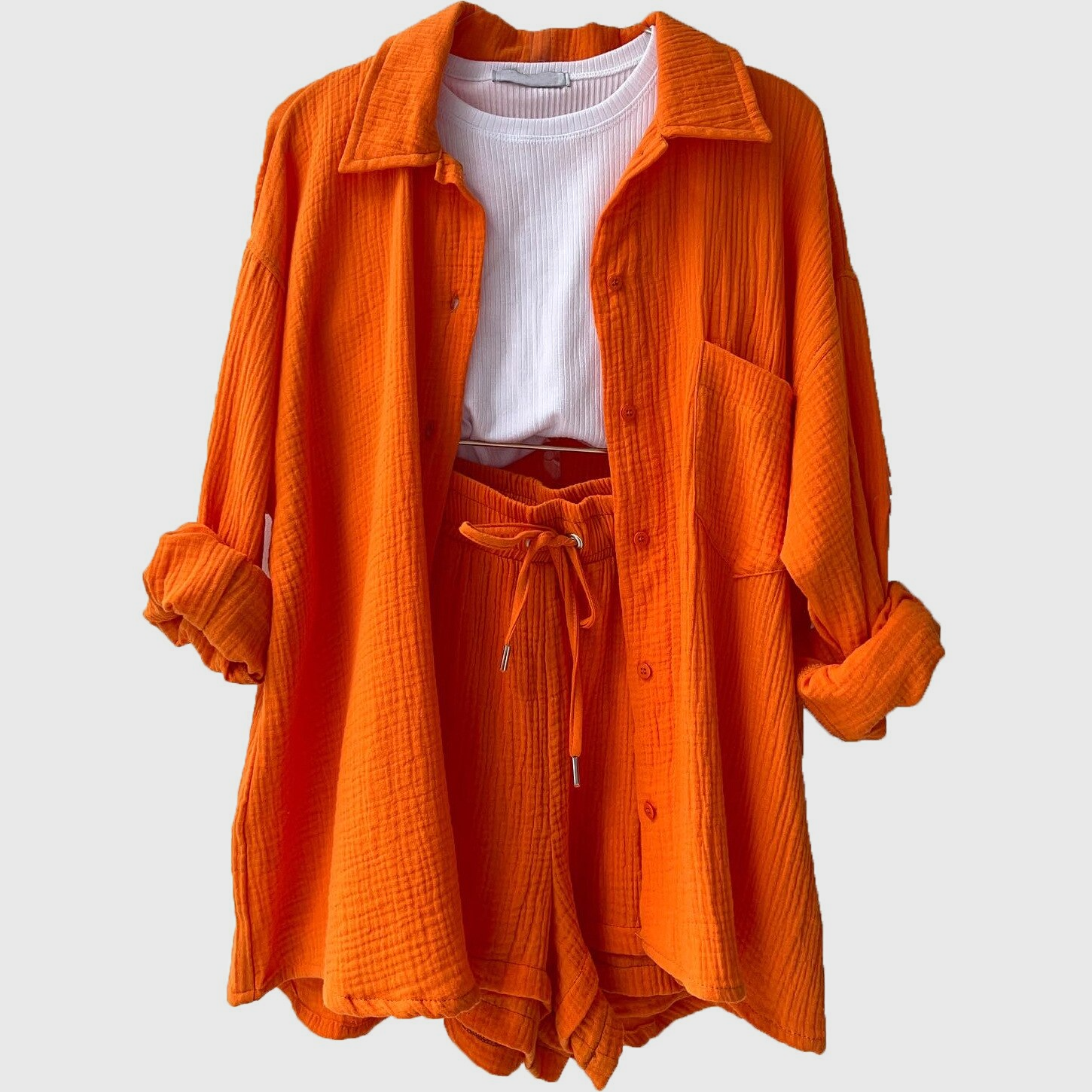 Women's Loose Overshirt and Shorts Two-Piece Set with Tie Waist 7