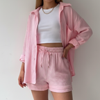 Women's Loose Overshirt and Shorts Two-Piece Set with Tie Waist 8