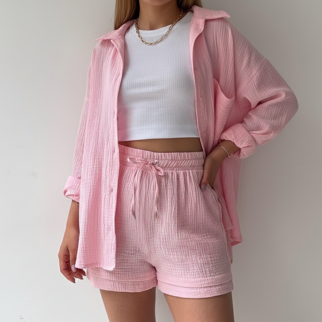 Women's Loose Overshirt and Shorts Two-Piece Set with Tie Waist 8