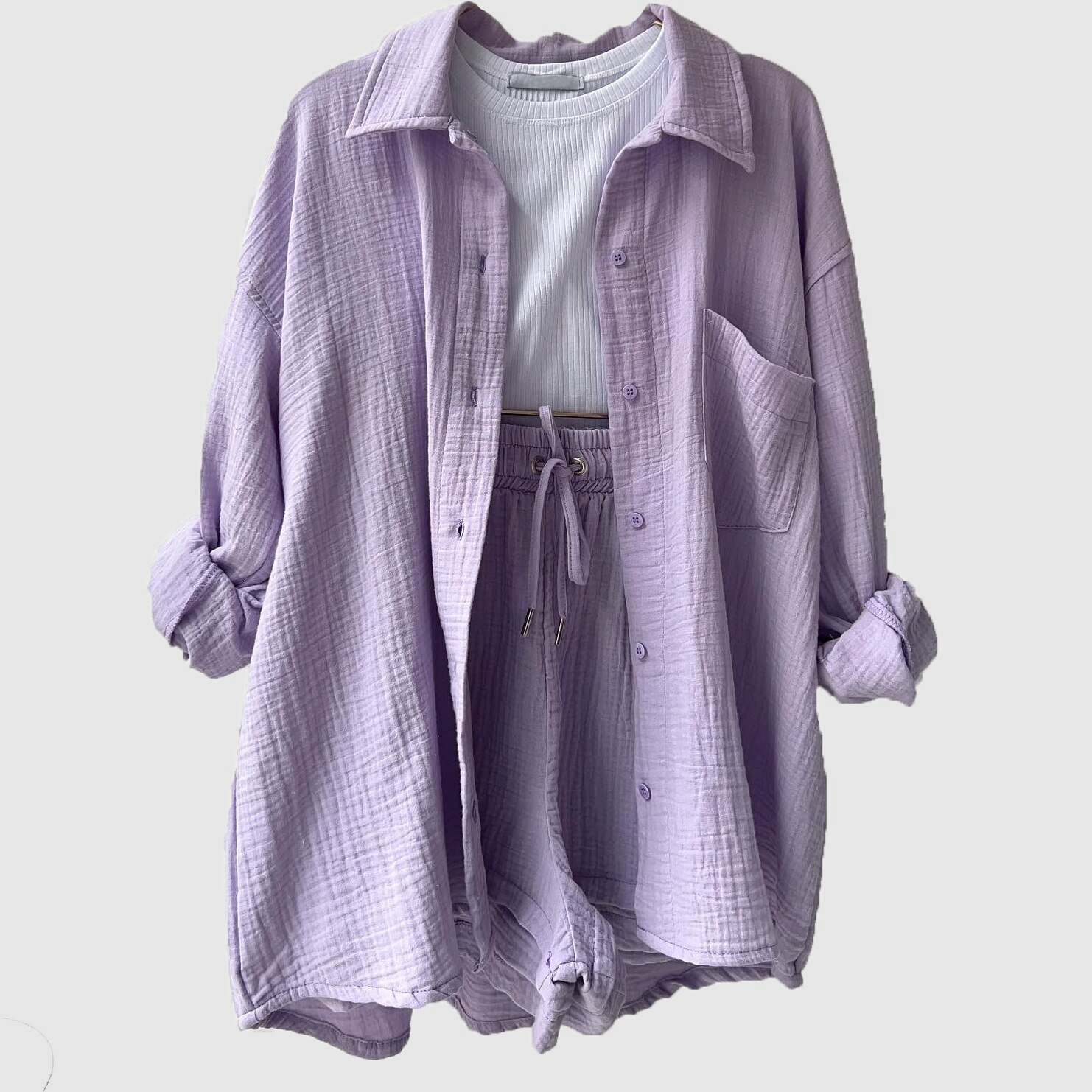 Women's Loose Overshirt and Shorts Two-Piece Set with Tie Waist 9