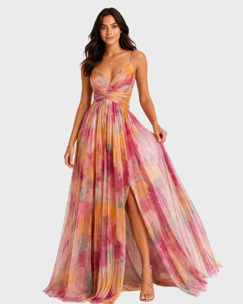 Women's Maxi Dress with Floral Print and Thin Straps 1