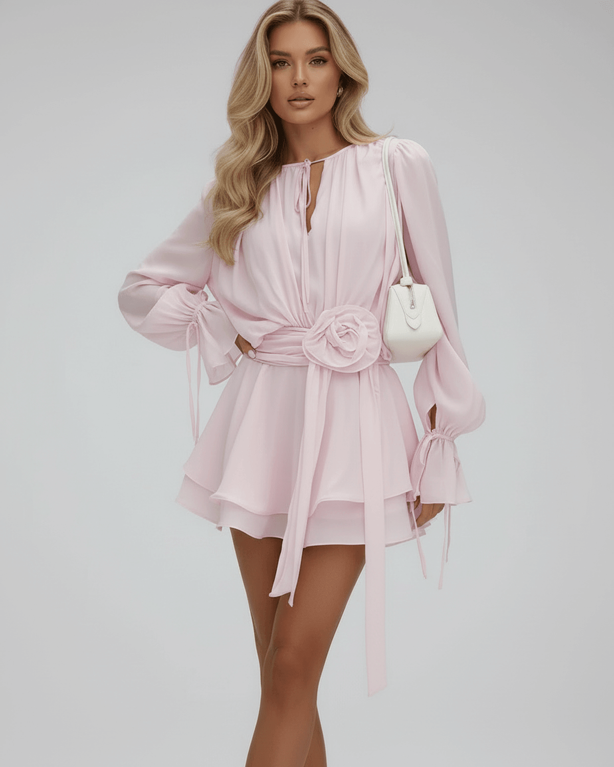 Women's Mini Dress with 3D Floral Embellishments and Flare Sleeves 7