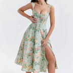 Women's Off-Shoulder Floral Corset Midi Dress with Front Slit 1