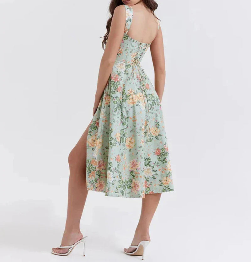 Women's Off-Shoulder Floral Corset Midi Dress with Front Slit 2