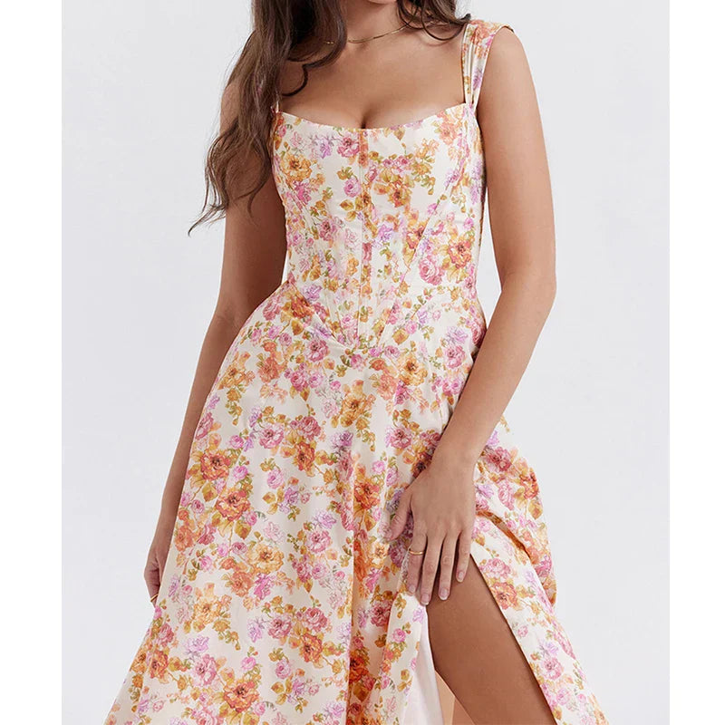 Women's Off-Shoulder Floral Corset Midi Dress with Front Slit 3