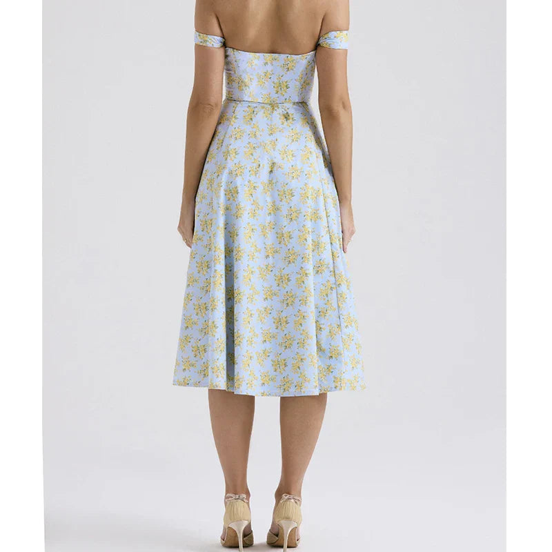 Women's Off-Shoulder Floral Corset Midi Dress with Front Slit 5
