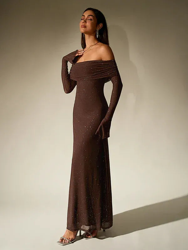 Women's Off-Shoulder Long Sleeve Maxi Dress with Sheer Sleeves 2