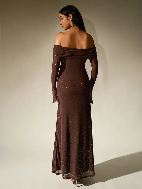 Women's Off-Shoulder Long Sleeve Maxi Dress with Sheer Sleeves 3