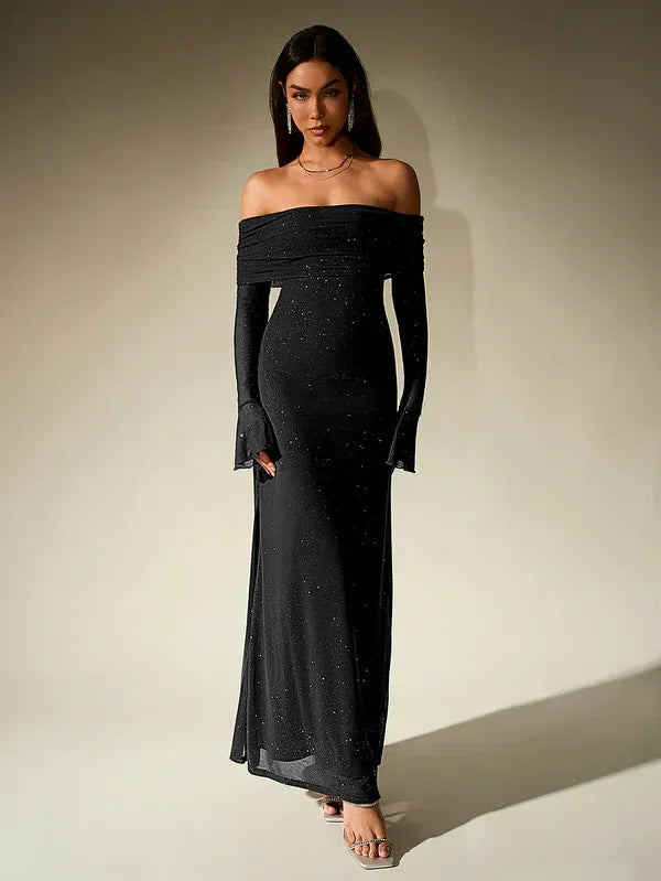 Women's Off-Shoulder Long Sleeve Maxi Dress with Sheer Sleeves 5