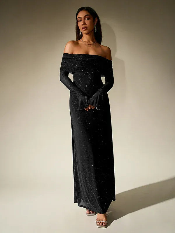 Women's Off-Shoulder Long Sleeve Maxi Dress with Sheer Sleeves 7
