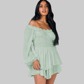 Women's Off-Shoulder Playsuit with Puff Sleeves and Tiered Skirt 1