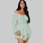 Women's Off-Shoulder Playsuit with Puff Sleeves and Tiered Skirt 1