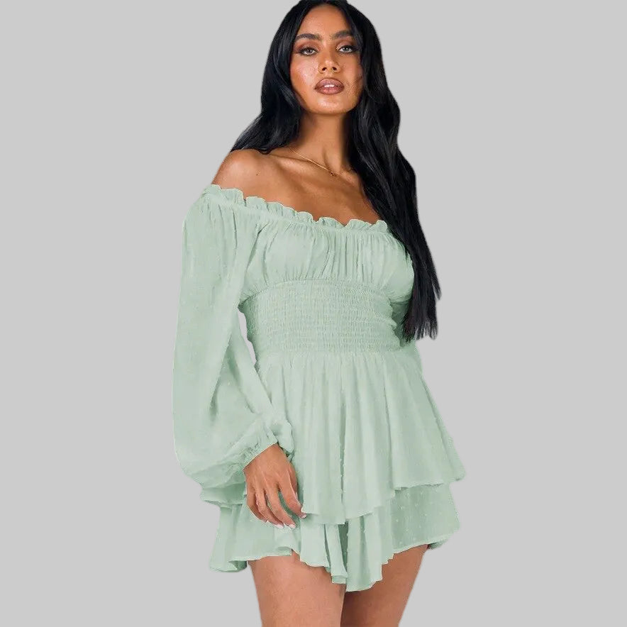 Women's Off-Shoulder Playsuit with Puff Sleeves and Tiered Skirt 1