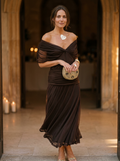 Women's Off-Shoulder Pleated Midi Dress with Fitted Waist 1