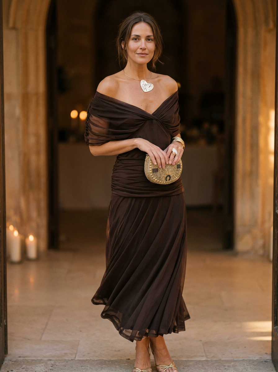 Women's Off-Shoulder Pleated Midi Dress with Fitted Waist 1